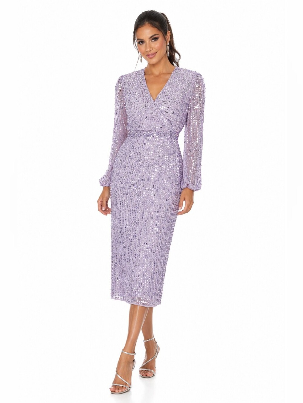 Mac Duggal Lavender Sequin Embellished Midi Sheath Dress Size 6 NWT